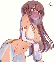 1girl alice_gear_aegis arm_under_breasts belly_dancer breasts brown_eyes brown_hair cleavage covered_erect_nipples curvy fatima_betrorum highres large_breasts leaning_forward legs long_hair open_mouth see-through_clothes sideboob solo surprised tan thick_thighs thighs thong tongue wide_hips