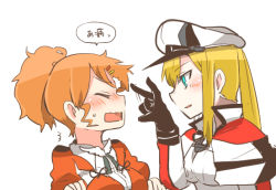 Rule 34 | 10s, 2girls, aquila (kancolle), blonde hair, blue eyes, closed eyes, flick, forehead flick, gloves, graf zeppelin (kancolle), hair ornament, hairclip, hat, high ponytail, kantai collection, multiple girls, open mouth, orange hair, rebecca (keinelove), sweat, translation request