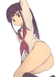 Rule 34 | 1girl, anus, ass, black eyes, black hair, black sailor collar, black socks, blunt bangs, bottomless, censored, commentary request, everyntrge, expressionless, long hair, long sleeves, looking down, mosaic censoring, neckerchief, original, petite, ponytail, pussy, red neckerchief, sailor collar, shirt, sidelocks, simple background, socks, solo, white background, white shirt