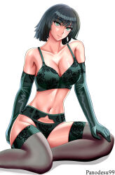 Rule 34 | 1girl, absurdres, breasts, cleavage, curvy, dark green hair, fubuki (one-punch man), gloves, green eyes, green hair, highres, large breasts, lingerie, lips, medium hair, one-punch man, panodesu99, shiny skin, short hair, sitting, smirk, solo, thighhighs, thighs, underwear, white background