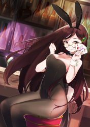 Rule 34 | 1girl, :3, ace (playing card), ace of hearts, animal ears, bar (place), bare arms, bare shoulders, black hairband, black nails, black neckwear, black pantyhose, bottle, bow, bowtie, breasts, brown eyes, brown hair, card, detached collar, fake animal ears, futatsuiwa mamizou, futatsuiwa mamizou (human), glasses, hair ornament, hairband, hands up, heart, highres, indoors, large breasts, leaf hair ornament, leotard, long hair, looking at viewer, nail polish, namauni, pantyhose, playboy bunny, playing card, rabbit ears, red nails, sitting, smile, stool, touhou, very long hair, wrist cuffs