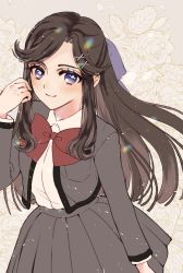 Rule 34 | 1girl, arm at side, blue eyes, blunt ends, bow, bowtie, breast pocket, brown hair, closed mouth, collared shirt, cowboy shot, floral background, grey background, grey jacket, grey skirt, hair bow, hair ornament, half updo, hand up, haruhana aya, high-waist skirt, jacket, lens flare, light blush, light particles, long hair, long sleeves, looking at viewer, open clothes, open jacket, parted bangs, pleated skirt, pocket, purple bow, red bow, red bowtie, school uniform, seishou music academy uniform, shirt, shirt tucked in, shoujo kageki revue starlight, sidelocks, skirt, smile, solo, standing, tendou maya, white shirt, x hair ornament
