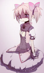 Rule 34 | 1girl, arms at sides, bubble skirt, choker, flat chest, frown, gloves, grey background, hair ribbon, kaname madoka, looking away, mahou shoujo madoka magica, mahou shoujo madoka magica (anime), pink eyes, pink hair, pink ribbon, puffy sleeves, ribbon, sad, shaded face, shadow, simple background, skirt, solo, soul gem, standing, tcmk, twintails, upper body, white gloves