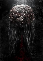 absurdres asaki_(asaki_vision) black_background bloodborne commentary_request dress eldritch_abomination forest highres horror_(theme) nature red_dress straight-on tentacles too_many_eyes winter_lantern