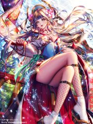 Rule 34 | &#039;o&#039;ne, 1girl, bad id, bad pixiv id, bare shoulders, breasts, cleavage, collarbone, commentary request, copyright name, day, earrings, fishnet legwear, fishnets, floral print, flower, hair flower, hair ornament, holding, japanese clothes, jewelry, kimono, crossed legs, lipstick, long hair, looking at viewer, makeup, medium breasts, mole, mole under eye, necklace, obi, outdoors, parted lips, sandals, sash, sitting, sky, solo, tabi, tenka touitsu chronicle, water, wide sleeves