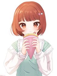 Rule 34 | 1girl, blue vest, blunt bangs, blush, crepe, eating, food, frilled shirt collar, frills, highres, holding, holding food, idolmaster, idolmaster million live!, looking at viewer, nonohara akane, official alternate hairstyle, orange hair, private dress (idolmaster million live!), rokas art, shirt, short hair, simple background, solo, upper body, vest, white background, white shirt
