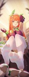 Rule 34 | 1girl, absurdres, animal ears, arm up, armpits, bottle, breasts, chinese commentary, commentary request, ear covers, elbow gloves, feet, foot focus, foreshortening, from below, full body, gloves, green eyes, hairband, hand up, highres, holding, holding bottle, horse ears, icecake, indoors, long hair, looking at viewer, medium breasts, no shoes, orange hair, pantyhose, parted lips, purple gloves, purple pantyhose, shirt, shoes, unworn shoes, silence suzuka (umamusume), sitting, skirt, sleeveless, sleeveless shirt, soles, solo, toes, umamusume, white footwear, white hairband, white pantyhose, white skirt, wrist cuffs