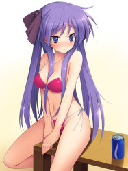 Rule 34 | 00s, 1girl, between breasts, bikini, blue eyes, blush, breasts, can, cleavage, cygnus (cygnus7), drink, drink can, embarrassed, face, gradient background, hair between breasts, hair ribbon, highres, hiiragi kagami, long hair, lucky star, medium breasts, navel, peeing, pocari sweat, purple hair, pussy juice, red bikini, revision, ribbon, side-tie bikini bottom, soda, soda can, solo, swimsuit, table, tears, tsurime, twintails, water