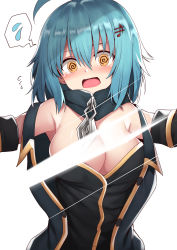Rule 34 | 1girl, :d, @ @, ahoge, aqua hair, armpits, bare shoulders, black shirt, breasts, cleavage, detached sleeves, flying sweatdrops, fortissimo, hair between eyes, hair ornament, hairclip, highres, large breasts, light censor, long hair, looking at viewer, mahcdai, musical note, musical note hair ornament, off shoulder, open mouth, original, planol note, shirt, simple background, sleeveless, smile, solo, spoken sweatdrop, sweatdrop, tears, upper body, vest, white background, yellow eyes