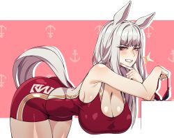 Rule 34 | 1girl, alternate costume, anchor print, animal ears, bare shoulders, blush, border, breasts, cero rains, cleavage, clothing cutout, commentary, cowboy shot, finger to own chin, gold ship (umamusume), grey hair, grin, hanging breasts, horse ears, horse girl, horse tail, large breasts, leaning, long hair, looking at viewer, one-piece swimsuit, purple eyes, red one-piece swimsuit, smile, solo, sparkle, swimsuit, tail, tail through clothes, umamusume, white border