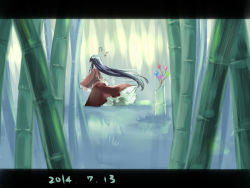 Rule 34 | 1girl, bamboo, bamboo forest, black hair, bow, branch, forest, houraisan kaguya, japanese clothes, jeweled branch of hourai, letterboxed, long hair, musical note, namauni, nature, solo, touhou, very long hair