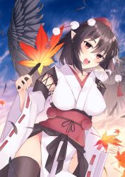 Rule 34 | 1girl, aoko (myut7287), autumn leaves, bird wings, black hair, black wings, blush, commission, cowboy shot, feathered wings, groin, hair between eyes, hand fan, hat, hauchiwa, highres, holding, holding fan, japanese clothes, leaf, long sleeves, maple leaf, open mouth, pointy ears, pom pom (clothes), red eyes, red hat, shameimaru aya, short hair, skeb commission, solo, teeth, tokin hat, touhou, twitter username, upper teeth only, wide sleeves, wings