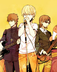 Rule 34 | 3boys, alternate costume, bad id, bad pixiv id, band, belt, blonde hair, brown eyes, brown hair, cross, cross necklace, earrings, facial hair, fate/zero, fate (series), goatee, guitar, instrument, jewelry, kotomine kirei, male focus, microphone, microphone stand, multiple boys, necklace, priest, shirt, sunglasses, t-shirt, tohsaka tokiomi, toriatte, yellow background