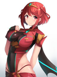 Rule 34 | 1girl, black gloves, breasts, chest jewel, earrings, fingerless gloves, gem, gloves, headpiece, highres, jewelry, large breasts, pyra (xenoblade), red eyes, red hair, red shorts, red thighhighs, senra banshou, short hair, short shorts, shorts, solo, swept bangs, thighhighs, tiara, xenoblade chronicles (series), xenoblade chronicles 2