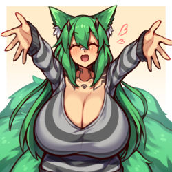 Rule 34 | :d, ^ ^, absurdres, animal ear fluff, animal ears, bandaid, bandaid on face, bandaid on nose, blush, borrowed character, breasts, cleavage, closed eyes, commission, fox ears, fox tail, green hair, happy, heart, highres, horns, huge breasts, incoming hug, long hair, multiple tails, nikuatsu magician shinbo, open mouth, original, skeb commission, smile, striped clothes, striped sweater, sweater, tail, tsutsune (pyobbo), very long hair