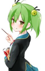 Rule 34 | &gt;:3, 10s, 1girl, :3, :q, aeoso, ahoge, arched back, bell, black ribbon, blazer, blush, food, from side, gj-bu, green eyes, green hair, hair bell, hair ornament, hair ribbon, holding, holding food, jacket, jingle bell, kannazuki tamaki, long sleeves, looking at viewer, looking to the side, matching hair/eyes, packet, plaid, plaid skirt, pleated skirt, pocky, ribbon, school uniform, simple background, skirt, solo, tongue, tongue out, twintails, v-shaped eyebrows, white background