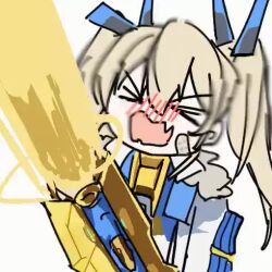 Rule 34 | 1girl, :o, animated, armored bodysuit, bandaid, bandaid on cheek, bandaid on face, blonde hair, chibi, closed eyes, coat, energy cannon, fang, fur collar, goddess of victory: nikke, laplace (nikke), long hair, lowres, open mouth, sidelocks, sketch, skin fang, solo, tagme, twintails, video, wanghua, wavy mouth, white coat