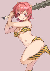 Rule 34 | 1girl, :p, animal print, arms up, bikini, breasts, club, club (weapon), cosplay, holding, holding weapon, horns, kantai collection, kinu (kancolle), kneehighs, lum, lum (cosplay), medium breasts, mitsuyo (mituyo324), pink background, red eyes, red hair, short hair, simple background, socks, solo, spiked club, strapless, strapless bikini, swimsuit, tiger print, tongue, tongue out, urusei yatsura, weapon