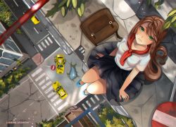 Rule 34 | 1girl, artist name, black skirt, blue footwear, brown hair, commentary, from above, green eyes, larienne, lips, long hair, long skirt, looking at viewer, looking up, original, pleated skirt, post-apocalypse, revision, school uniform, shoes, skirt, solo, star (symbol), taxi, watermark