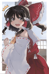 Rule 34 | 1girl, absurdres, ascot, black eyes, black hair, bow, detached sleeves, frilled bow, frilled hair tubes, frills, hair bow, hair tubes, hakurei reimu, highres, open mouth, ramochi, red bow, red skirt, ribbon-trimmed sleeves, ribbon trim, skirt, skirt set, solo, touhou, yellow ascot