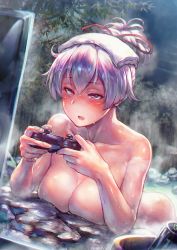 Rule 34 | 1girl, bath, bathing, blush, breasts, breasts out, commentary request, completely nude, controller, dualshock, fate/grand order, fate (series), game controller, gamepad, hair between eyes, hangetsuban sonshou, large breasts, long hair, looking at viewer, night, nude, onsen, open mouth, outdoors, partially submerged, playing games, playstation controller, ponytail, red eyes, rock, shiny skin, silver hair, solo, steam, television, tomoe gozen (fate), towel, towel on head, tree, water, wet