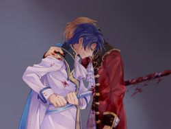 Rule 34 | 2boys, blonde hair, blood, blood on clothes, bloody weapon, blue hair, cape, crying, eldigan (fire emblem), european clothes, closed eyes, fire emblem, fire emblem: genealogy of the holy war, highres, holding, holding sword, holding weapon, melka (elyss-abyss), multiple boys, nintendo, sigurd (fire emblem), stab, sword, tears, weapon