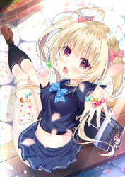 Rule 34 | 1girl, bag, blonde hair, blue serafuku, blush, brown eyes, candy, candy wrapper, checkered clothes, checkered neckwear, cherry blossoms, commentary request, food, hair between eyes, hair ribbon, highres, holding, holding candy, holding food, kneehighs, ko yu, legs together, looking at viewer, looking back, miniskirt, moe2019, on bench, open mouth, original, outdoors, outstretched arm, ribbon, school uniform, serafuku, shoulder bag, sitting, skirt, socks, thighs, twintails, uniform