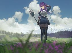 Rule 34 | 1girl, armor, blurry, blurry foreground, boots, breastplate, cloud, day, flower, gauntlets, grass, hair between eyes, hair ornament, hand in own hair, hara shoutarou, highres, holding, holding weapon, long hair, mountain, original, outdoors, polearm, purple eyes, purple hair, sky, solo, standing, thigh boots, thighhighs, weapon, wide shot, wind