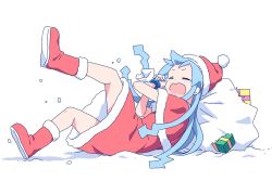 Rule 34 | 1girl, anbe masahiro, blue hair, blush, boots, box, capelet, christmas, closed eyes, falling, full body, gift, gift box, hat, highres, ikamusume, long hair, open mouth, red capelet, red footwear, santa hat, shinryaku! ikamusume, simple background, solo, tears, tentacle hair, white background