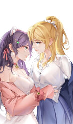 Rule 34 | 2girls, animal ear piercing, animal ears, ayase eli, bare shoulders, bell, blonde hair, blue eyes, braid, breasts, cat ears, choker, cleavage, commentary request, cowboy shot, dress, dress shirt, eye contact, french braid, hair ornament, hair scrunchie, hairclip, height difference, highres, hug, jacket, k.jhitsugi, large breasts, lips, long hair, looking at another, love live!, love live! school idol project, multiple girls, neck bell, open clothes, open jacket, paid reward available, pink choker, pink jacket, ponytail, scrunchie, shirt, side braid, sidelocks, simple background, tojo nozomi, waist hug, white background, white dress, white scrunchie, white shirt, yuri