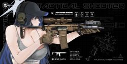 Rule 34 | 1girl, absurdres, baseball cap, black background, black hair, black hat, blue archive, blue eyes, blue hair, bra, breasts, camouflage, camouflage gloves, cleavage, colored inner hair, commentary, fte (fifteen 199), gloves, green gloves, grey bra, gun, hat, headphones, highres, holding, holding gun, holding weapon, large breasts, long hair, multicolored hair, rifle, saori (blue archive), sig mcx, sig sauer, simple background, solo, underwear, upper body, weapon