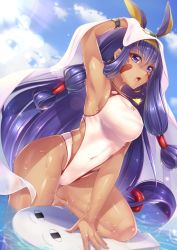 Rule 34 | 1girl, animal ears, armpits, blue sky, blush, breasts, cloud, covered navel, dark-skinned female, dark skin, day, earrings, facial mark, fate/grand order, fate (series), hairband, highres, hoop earrings, jackal ears, jewelry, long hair, looking at viewer, medium breasts, medjed (fate), necklace, nitocris (fate), nitocris (fate/grand order), nitocris (swimsuit assassin) (fate), nitocris (swimsuit assassin) (second ascension) (fate), one-piece swimsuit, open mouth, purple eyes, purple hair, sideboob, sky, solo, sunlight, swimsuit, tongue, very long hair, wet, white one-piece swimsuit, yuzutosen