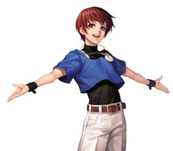 Rule 34 | 1boy, :d, belt, black shirt, blue eyes, blue shirt, brown belt, brown hair, chris, commentary request, cowboy shot, crop top, evilgun, happy, highres, jewelry, looking at viewer, male focus, necklace, open mouth, outstretched arms, pants, shirt, shirt tucked in, short hair, short sleeves, simple background, sleeveless, sleeveless shirt, smile, solo, standing, teeth, the king of fighters, the king of fighters &#039;97, turtleneck, upper teeth only, white background, white pants