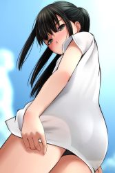 Rule 34 | 1girl, absurdres, black hair, black one-piece swimsuit, blue sky, blunt bangs, blush, brown eyes, closed mouth, clothes pull, cloud, day, from behind, from below, highres, long hair, looking at viewer, matsunaga kouyou, one-piece swimsuit, original, see-through, see-through shirt, shirt, shirt pull, short sleeves, sky, solo, sunlight, swimsuit, t-shirt, white shirt