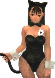 Rule 34 | 1girl, animal ears, black bow, black bowtie, blush, bow, bowtie, breasts, card, cat ears, cat tail, cleavage, collarbone, contrapposto, fishnets, head tilt, kittysuit, kurusugawa ayaka, leotard, long hair, long sleeves, looking at viewer, nail polish, nontraditional playboy bunny, shinma daigo, simple background, skirt, smile, solo, standing, tail, to heart, to heart (series), very long hair, white background, wrist cuffs