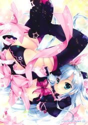 Rule 34 | 1girl, absurdres, ass, blue eyes, blue hair, bow, breasts, cat hair ornament, floral print, gloves, hair ornament, headgear, highres, hoshizaki mei, looking at viewer, magical girl, mikeou, pink bow, purple thighhighs, skirt, sparkle, tareme, thighhighs, twintails, two side up, upside-down, yumekoi