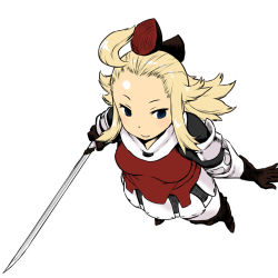 Rule 34 | 1girl, ahoge, armor, blonde hair, blue eyes, boots, bow, bravely default: flying fairy, bravely default (series), edea lee, elbow gloves, faulds, gloves, hair bow, long hair, pantyhose, smile, solo, sword, thigh boots, thighhighs, tsukudani (coke-buta), weapon