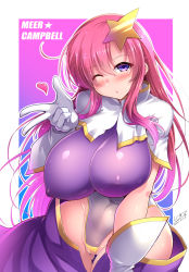 Rule 34 | 1girl, ;o, blowing kiss, blush, breasts, character name, cleft of venus, covered erect nipples, covered navel, gundam, gundam seed, gundam seed destiny, heart, highres, huge breasts, looking at viewer, meer campbell, one eye closed, pink hair, solo, wink