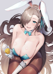 Rule 34 | 1girl, absurdres, animal ears, aqua leotard, aqua neckwear, aqua ribbon, asuna (blue archive), asuna (bunny) (blue archive), blonde hair, blue archive, blue eyes, blush, bow, bowtie, breasts, brown pantyhose, cleavage, collarbone, cup, drinking glass, elbow gloves, fake animal ears, from above, gloves, hair over one eye, highres, holding, holding cup, large breasts, leotard, long hair, mole, mole on breast, open mouth, pantyhose, playboy bunny, rabbit ears, ribbon, rororo, sitting, smile, solo, sparkle, teeth, traditional bowtie, very long hair, wine glass