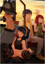 Rule 34 | 2boys, 2girls, absurdres, artist name, bare shoulders, bench, black hair, black skirt, black tank top, black thighhighs, blue eyes, blue footwear, blunt bangs, blunt ends, blush, bob cut, body freckles, border, bottomless, breasts, brother and sister, clenched hand, closed eyes, cloud, cloudy sky, collarbone, commentary, creatures (company), cum, cumdrip, dripping, dusk, english commentary, eye contact, fellatio, female masturbation, flaccid, freckles, furry, furry male, furry with non-furry, game freak, gen 4 pokemon, green sweater, grey thighhighs, hair between eyes, hair over shoulder, hairband, hand on own crotch, hand on own knee, hand up, hetero, highres, interspecies, kasia mikolajczyk (silverfox442), long hair, looking at another, lucario, masturbation, medium breasts, miniskirt, multiple boys, multiple girls, nintendo, notice lines, on bench, open mouth, oral, original, penis, phinci, pokemon, pokephilia, public indecency, public nudity, pussy, pussy juice, red hair, ribbed sweater, saliva, shirt, shoes, siblings, signature, sitting, skirt, sky, sleeveless, sleeveless sweater, sleeveless turtleneck, small breasts, sneakers, spread fingers, spread legs, squatting, striped clothes, striped thighhighs, sunset, sweater, tank top, teeth, testicles, thighhighs, train interior, turtleneck, two-tone shirt, uncensored, upper teeth only, very long hair, vest, white border, white shirt, wide spread legs, yellow footwear, yellow hairband, yellow vest