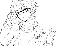 Rule 34 | 10s, 1boy, bespectacled, clipboard, collarbone, fudou akio, glasses, greyscale, inazuma eleven (series), inazuma eleven go, inazuma eleven go galaxy, jacket, lineart, long hair, looking at viewer, male focus, monochrome, aged up, open clothes, open jacket, saku anna, solo, transparent background, wink, unfinished