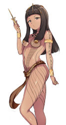 Rule 34 | 1girl, alp, anck su namun, bracelet, breasts, brown eyes, brown hair, dagger, dark-skinned female, dark skin, egyptian, egyptian clothes, from side, hand up, holding, holding weapon, jewelry, knife, long hair, looking at viewer, medium breasts, parted lips, pasties, sidelocks, simple background, solo, the mummy, the mummy (1999), weapon, white background