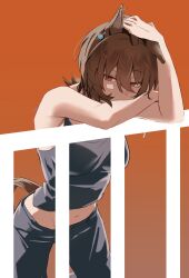 Rule 34 | 1girl, absurdres, against railing, agnes tachyon (umamusume), ahoge, alternate costume, animal ears, black pants, black tank top, breasts, brown hair, cleavage, commentary request, cowboy shot, earrings, hand on own head, head rest, highres, horse ears, horse girl, horse tail, jewelry, large breasts, messy hair, midriff, navel, necklace, orange background, pants, railing, red eyes, sei (bigaa), shadow, short hair, simple background, single earring, solo, tail, tank top, umamusume