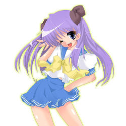 Rule 34 | 00s, 1girl, hiiragi kagami, long hair, lucky star, mikiharu, one eye closed, purple hair, school uniform, serafuku, solo
