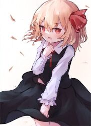 Rule 34 | 1girl, ar (maeus), blonde hair, blush, hair between eyes, hair ribbon, open mouth, red eyes, red ribbon, ribbon, rumia, short hair, simple background, solo, touhou, white background