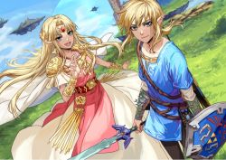 Rule 34 | 1boy, 1girl, arrow (projectile), belt, blonde hair, blue eyes, breasts, cape, day, dress, elf, grin, hand up, holding, holding sword, holding weapon, jewelry, link, long hair, looking at viewer, master sword, necklace, nintendo, pointy ears, princess zelda, shield, short hair, sidelocks, sky, smile, smug, standing, super smash bros., sword, the legend of zelda, the legend of zelda: a link between worlds, the legend of zelda: breath of the wild, tiara, tunic, weapon