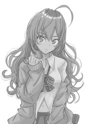 Rule 34 | 1girl, :3, ahoge, blush, bow, bowtie, breasts, cardigan, closed mouth, collared shirt, commentary request, grey background, greyscale, hair between eyes, highres, ichinose shiki, idolmaster, idolmaster cinderella girls, kajino (aosansai), long hair, long sleeves, looking at viewer, monochrome, navel, open cardigan, open clothes, plaid, plaid bow, plaid bowtie, plaid neckwear, pleated skirt, school uniform, shirt, simple background, sketch, skirt, sleeves past wrists, solo, standing, untucked shirt