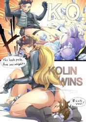 Rule 34 | !, 2girls, ?, alternate costume, alternate hairstyle, ass, belt, belt pouch, black gloves, blonde hair, blue eyes, boots, bracelet, breasts, brown eyes, brown hair, capcom, chinese clothes, chun-li, defeat, double bun, english text, face in ass, gloves, goggles, goggles on head, grey leotard, grey vest, hair bun, headset, holster, huge ass, humiliation, ice, jelly shrimp, jewelry, k.o., kneeing, kolin, large breasts, leotard, lips, long hair, long sleeves, lying, multiple girls, night-vision device, official alternate costume, on back, open clothes, open vest, parted lips, pouch, puffy short sleeves, puffy sleeves, short sleeves, simple background, sitting, sitting on face, sitting on person, skin tight, speech bubble, spiked bracelet, spikes, street fighter, street fighter v, submission hold, thick thighs, thigh holster, thighs, unzipped, vest, watch, white background, white footwear, white legwear, wrestling, wristwatch, yuri