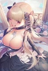 Rule 34 | 1girl, amano hagoromo, azur lane, bare shoulders, between breasts, black dress, black nails, black ribbon, blonde hair, breasts, cleavage, clothing cutout, day, detached collar, dress, flower, formidable (azur lane), frilled dress, frills, from above, hair ribbon, highres, large breasts, long hair, looking at viewer, looking up, nail polish, necktie, necktie between breasts, pink flower, pink rose, red eyes, ribbon, rose, shoulder cutout, solo, twintails, two-tone dress, two-tone ribbon, very long hair, white ribbon