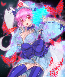 Rule 34 | 1girl, :3, adapted costume, bad id, bad pixiv id, blue thighhighs, breasts, bug, butterfly, cleavage, female focus, folding fan, ghost, hand fan, hat, highres, hitodama, insect, japanese clothes, kimono, large breasts, mou tama, open mouth, pink hair, red eyes, saigyouji yuyuko, short kimono, smile, solo, thighhighs, touhou, triangular headpiece, yuki (dlill)